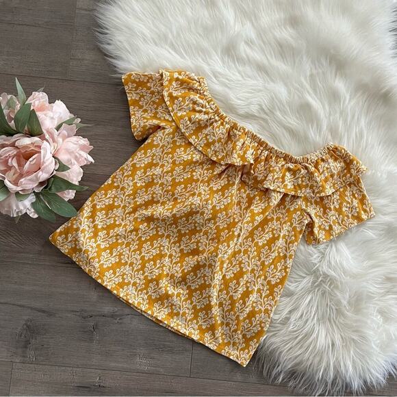 New LOFT Floral Crinkle Yellow Off Shoulder Ruffle Blouse M - Picture 6 of 8